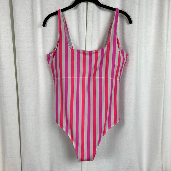 Fabletics White&Pink Stripe Neon Candy Sunset Scoop One Piece Swimsuit Sz.XL - Picture 4 of 16